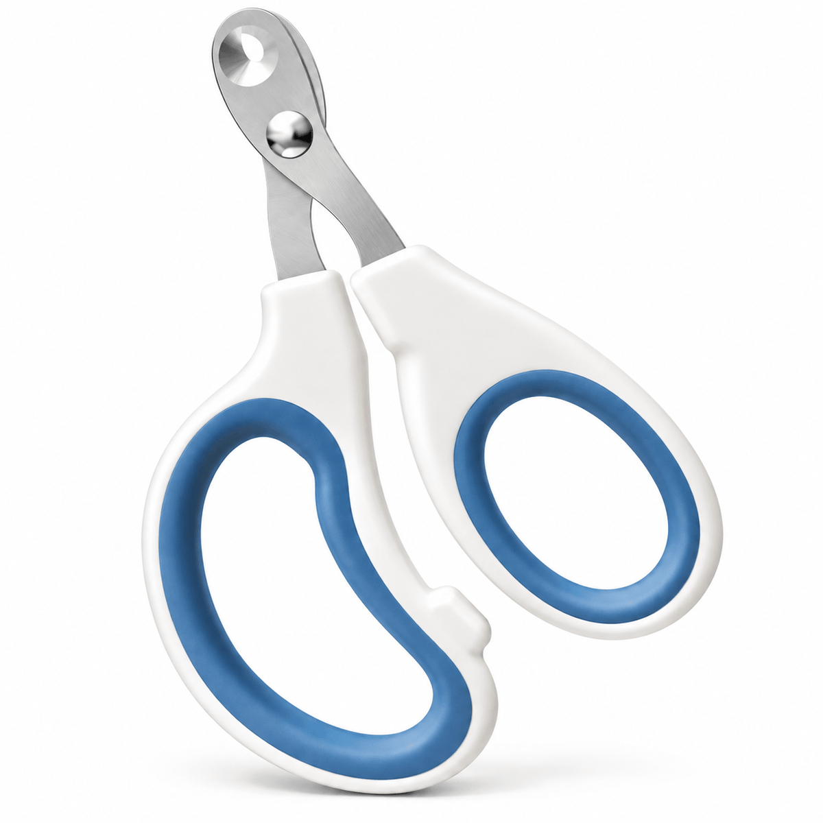 White and blue cat nail clippers with silicone-lined finger loops and a rounded head on a white background.