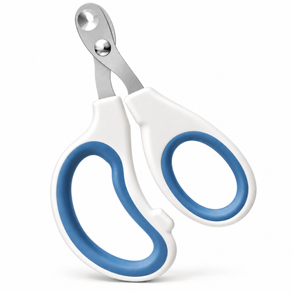 White and blue cat nail clippers with silicone-lined finger loops and a rounded head on a white background.