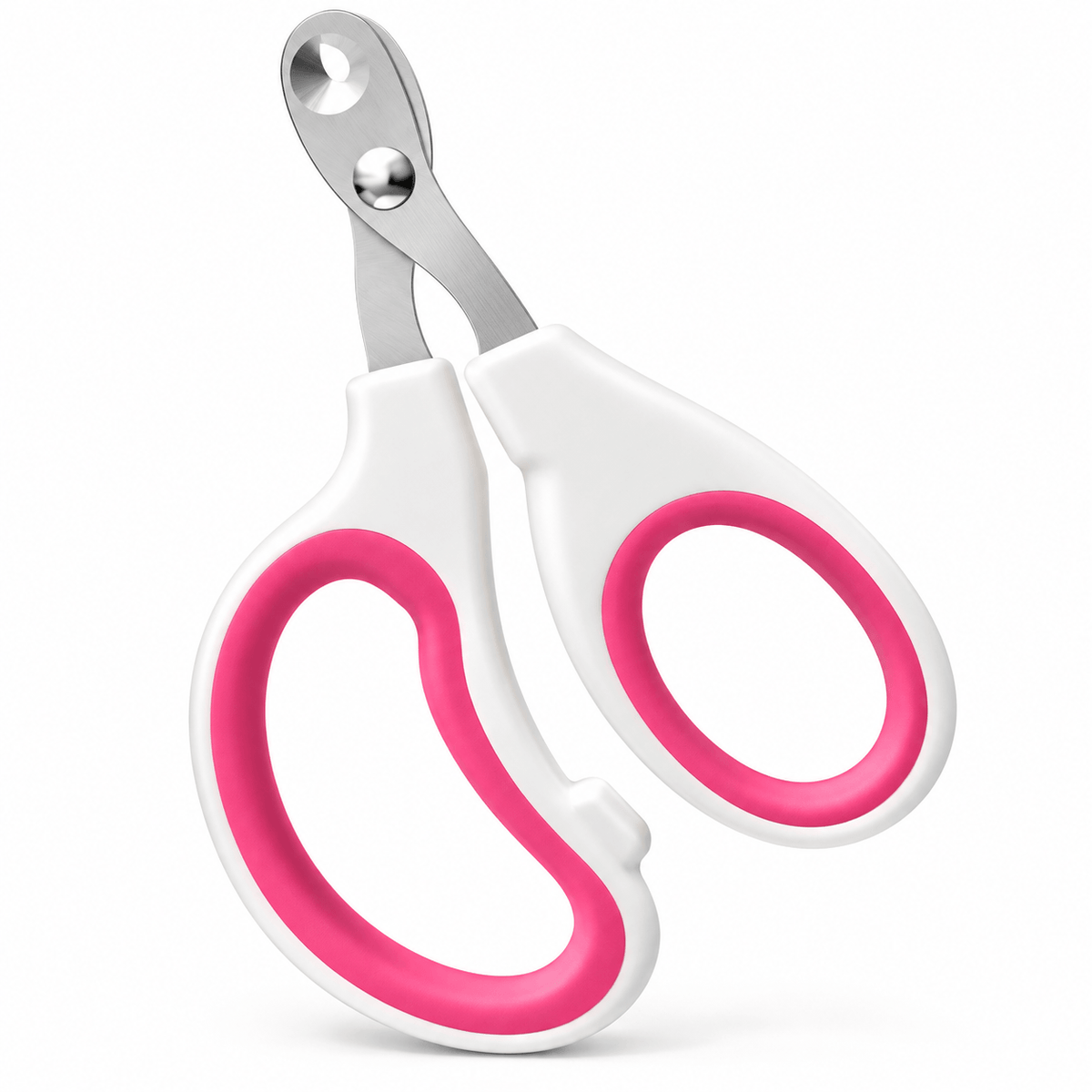 White and pink cat nail clippers with silicone-lined finger loops and a rounded head on a white background.