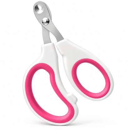 White and pink cat nail clippers with silicone-lined finger loops and a rounded head on a white background.