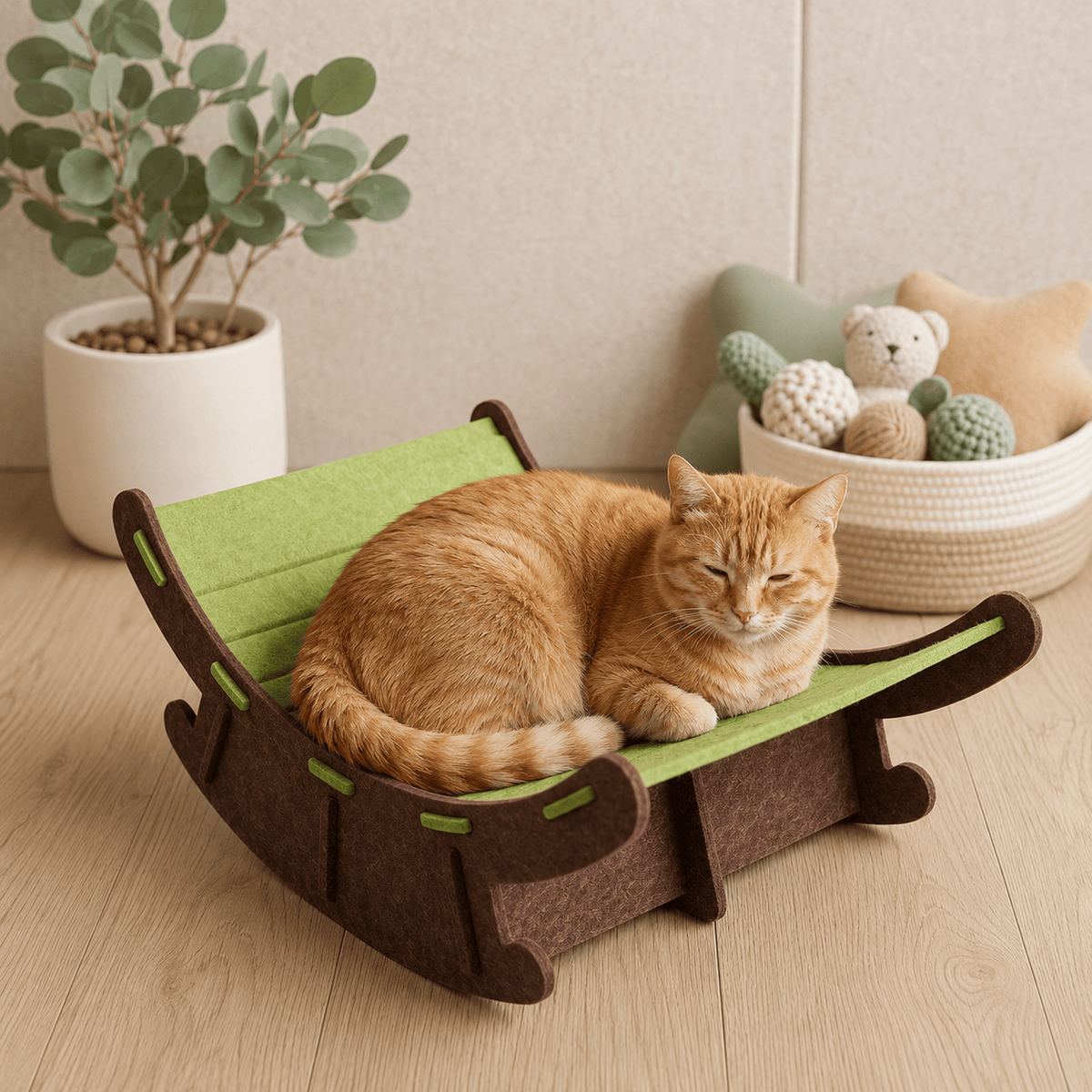 Green felt cat rocking bed with an orange tabby cat resting on the curved lounge surface in a bright living room