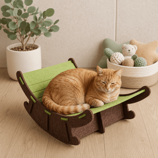 Green felt cat rocking bed with an orange tabby cat resting on the curved lounge surface in a bright living room