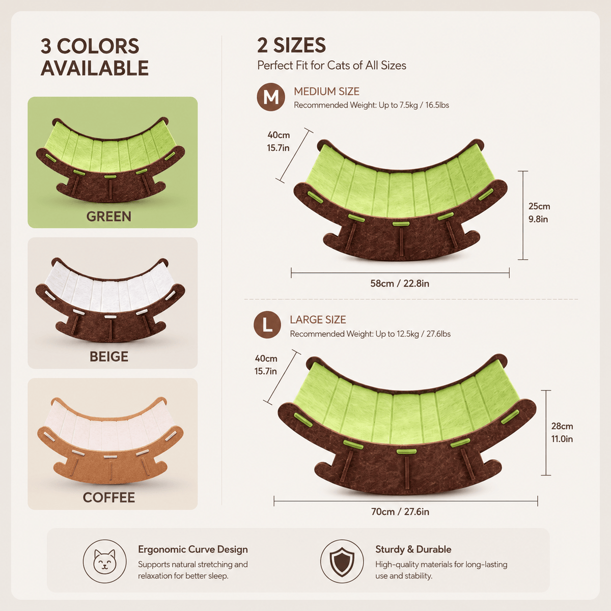 Size chart showing Medium 58 by 40 by 25 cm for cats up to 7.5 kg and Large 70 by 40 by 28 cm for cats up to 12.5 kg with green, beige and coffee color options