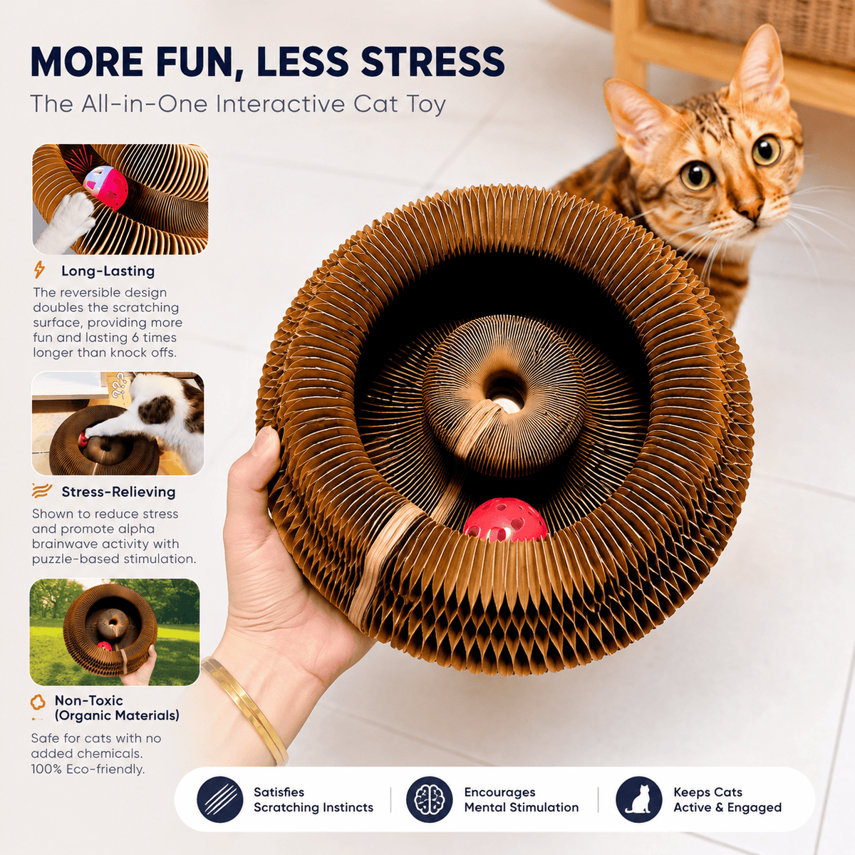 More fun less stress panel for the all-in-one cardboard cat scratcher with callouts for the long-lasting reversible design, stress relief and non-toxic organic materials, plus icons for satisfying scratching instincts, mental stimulation and keeping cats active