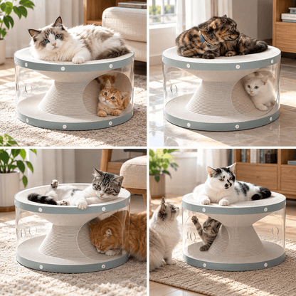 Four photos of cats lounging on top of the scratcher bed and sitting inside the tunnel in different rooms