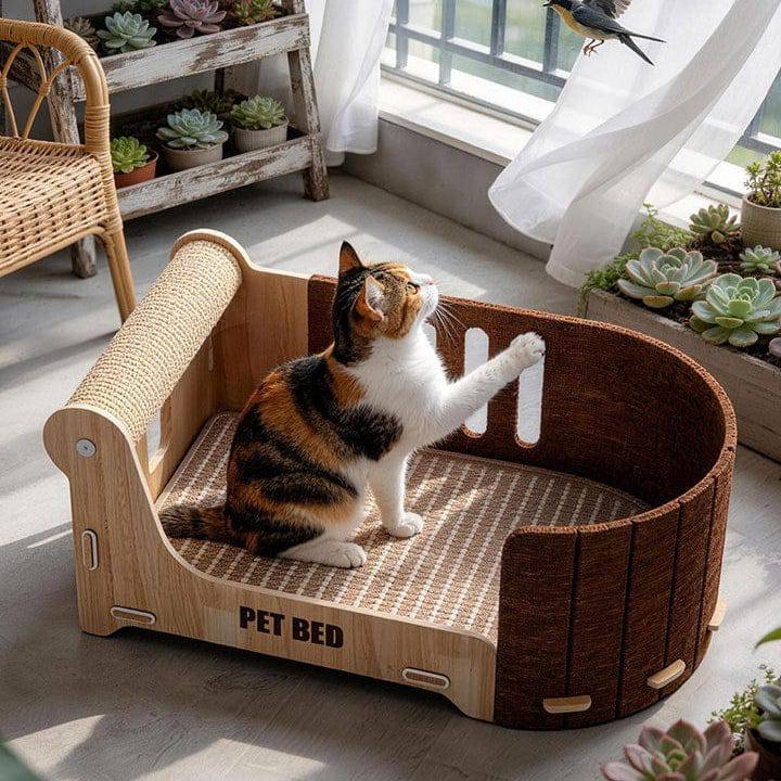 Calico cat sitting on the woven base of the cat scratcher lounge bed on a balcony among succulents
