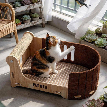 Calico cat sitting on the woven base of the cat scratcher lounge bed on a balcony among succulents