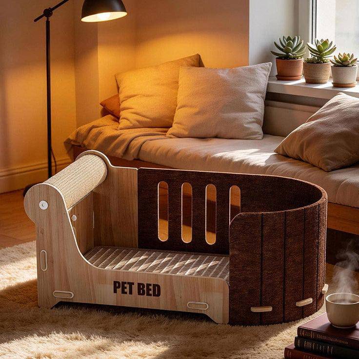 Noblias cat scratcher lounge bed with sisal post, woven base and dark felt wall beside a sofa in a warm living room