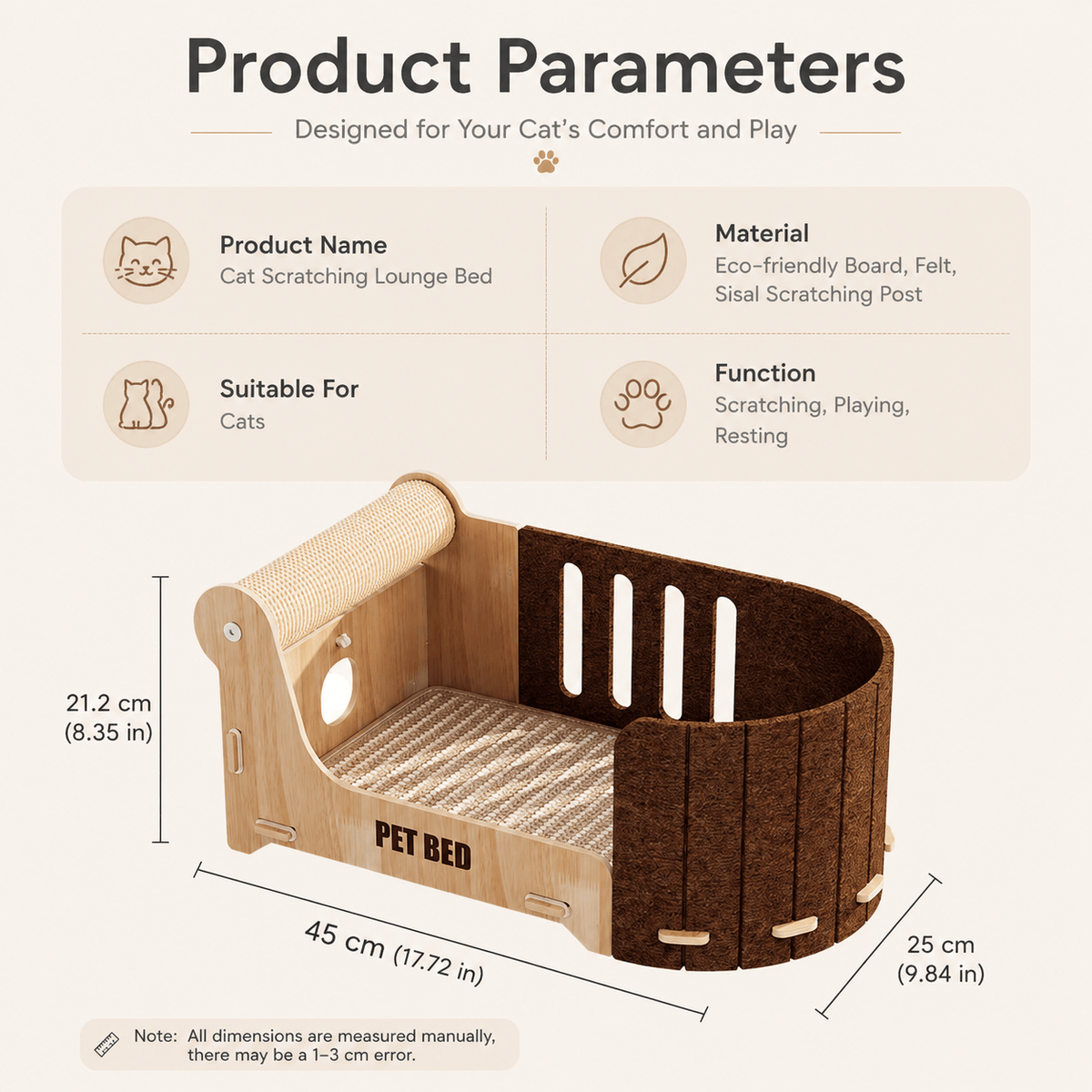 Product parameters of the cat scratcher lounge bed with its length, width and height marked and materials listed