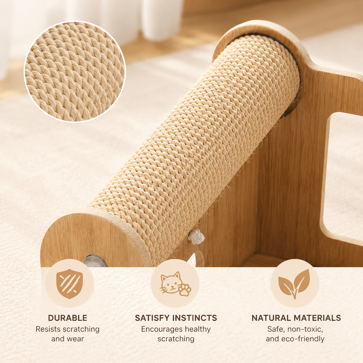 Close-up of the sisal-wrapped scratching post on the cat lounge bed, with durable, satisfies instincts and natural materials callouts