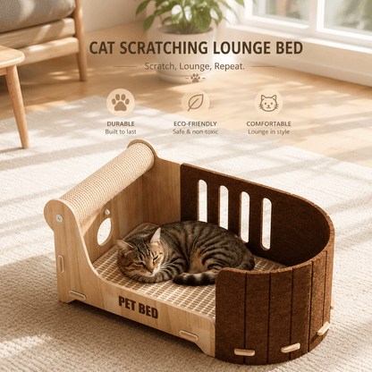 Tabby cat curled up on the woven base of the cat scratcher lounge bed, with durable, eco-friendly and comfortable badges