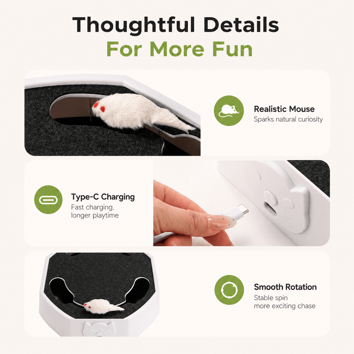 Detail callouts for the cat scratcher toy: realistic plush mouse, Type-C charging port and smooth rotation