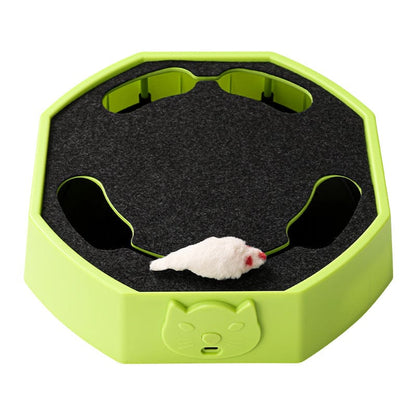 Green octagonal cat scratcher toy with black felt pad and plush mouse on a white background