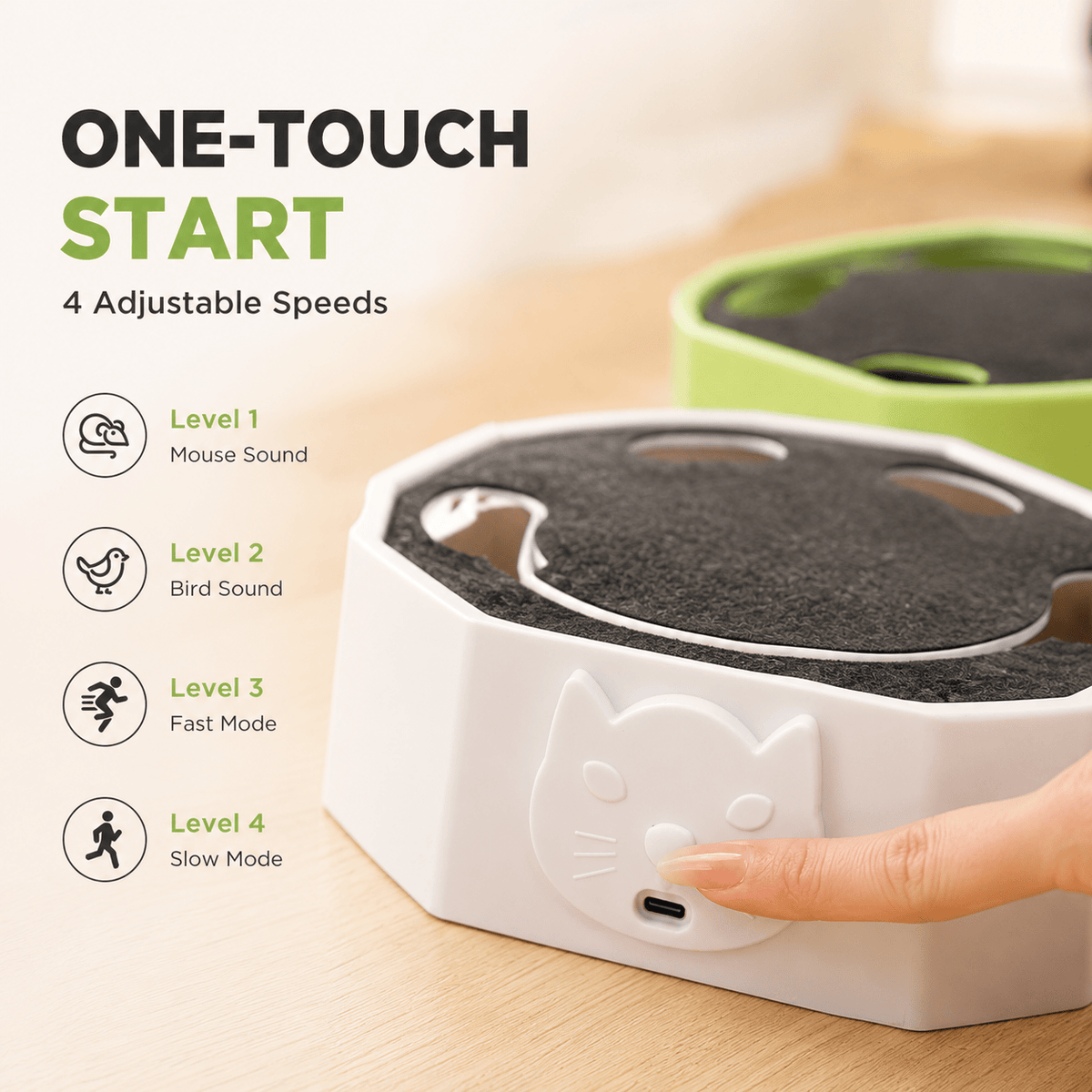 One-touch button on the cat scratcher toy with its four modes: mouse sound, bird sound, fast mode and slow mode