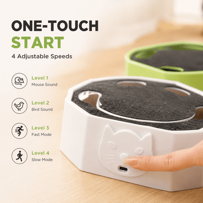 One-touch button on the cat scratcher toy with its four modes: mouse sound, bird sound, fast mode and slow mode