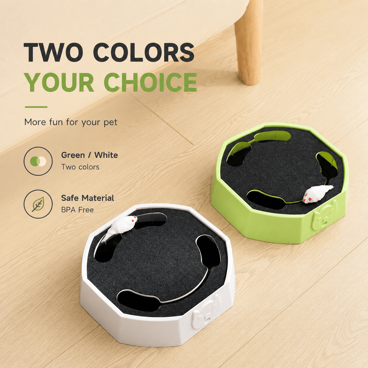 Green and white cat scratcher toys side by side, labeled two colors, BPA-free safe material