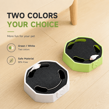 Green and white cat scratcher toys side by side, labeled two colors, BPA-free safe material