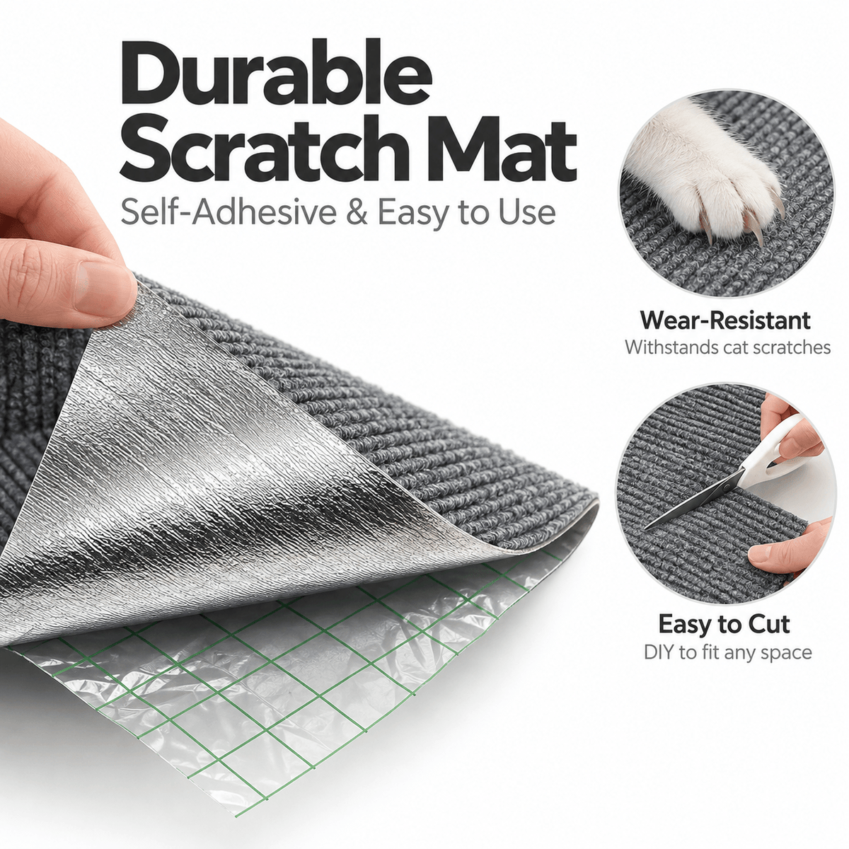 Peeled-back adhesive backing of the dark gray cat scratching mat, with close-ups of the wear-resistant surface and cutting it to size.