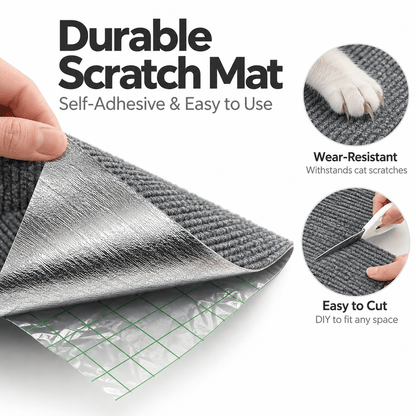 Peeled-back adhesive backing of the dark gray cat scratching mat, with close-ups of the wear-resistant surface and cutting it to size.