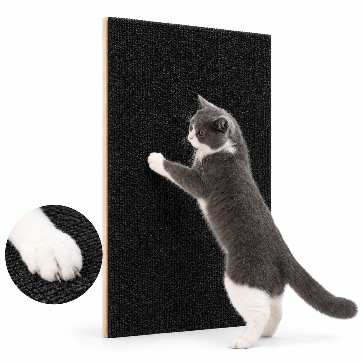 Gray and white cat scratching the black self adhesive cat scratching mat, with a paw close-up of the texture.