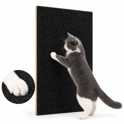 Gray and white cat scratching the black self adhesive cat scratching mat, with a paw close-up of the texture.