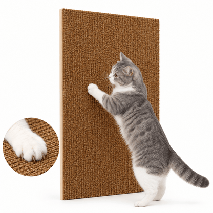 Tabby cat scratching the brown self adhesive cat scratching mat, with a paw close-up of the texture.