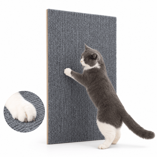 Gray and white cat stretching up to scratch the dark gray self adhesive cat scratching mat, with a paw close-up.