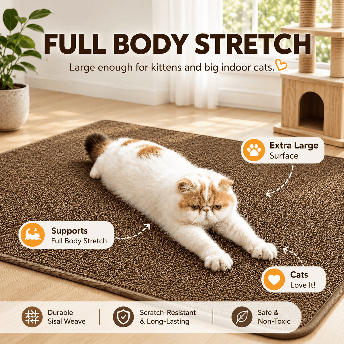 Cat stretching full length on the extra large Noblias cat scratching mat, showing the durable woven surface that supports a whole body stretch.