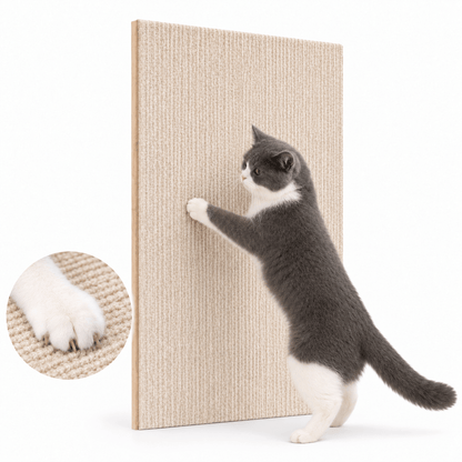Gray and white cat scratching the khaki self adhesive cat scratching mat, with a paw close-up of the texture.