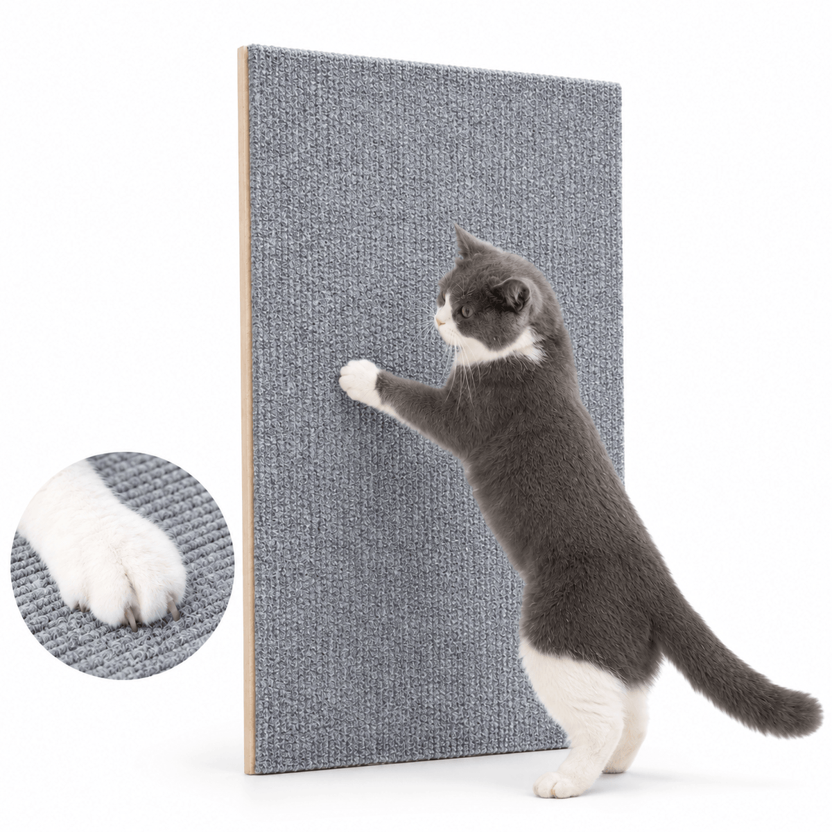 Gray and white cat scratching the light gray self adhesive cat scratching mat, with a paw close-up of the texture.