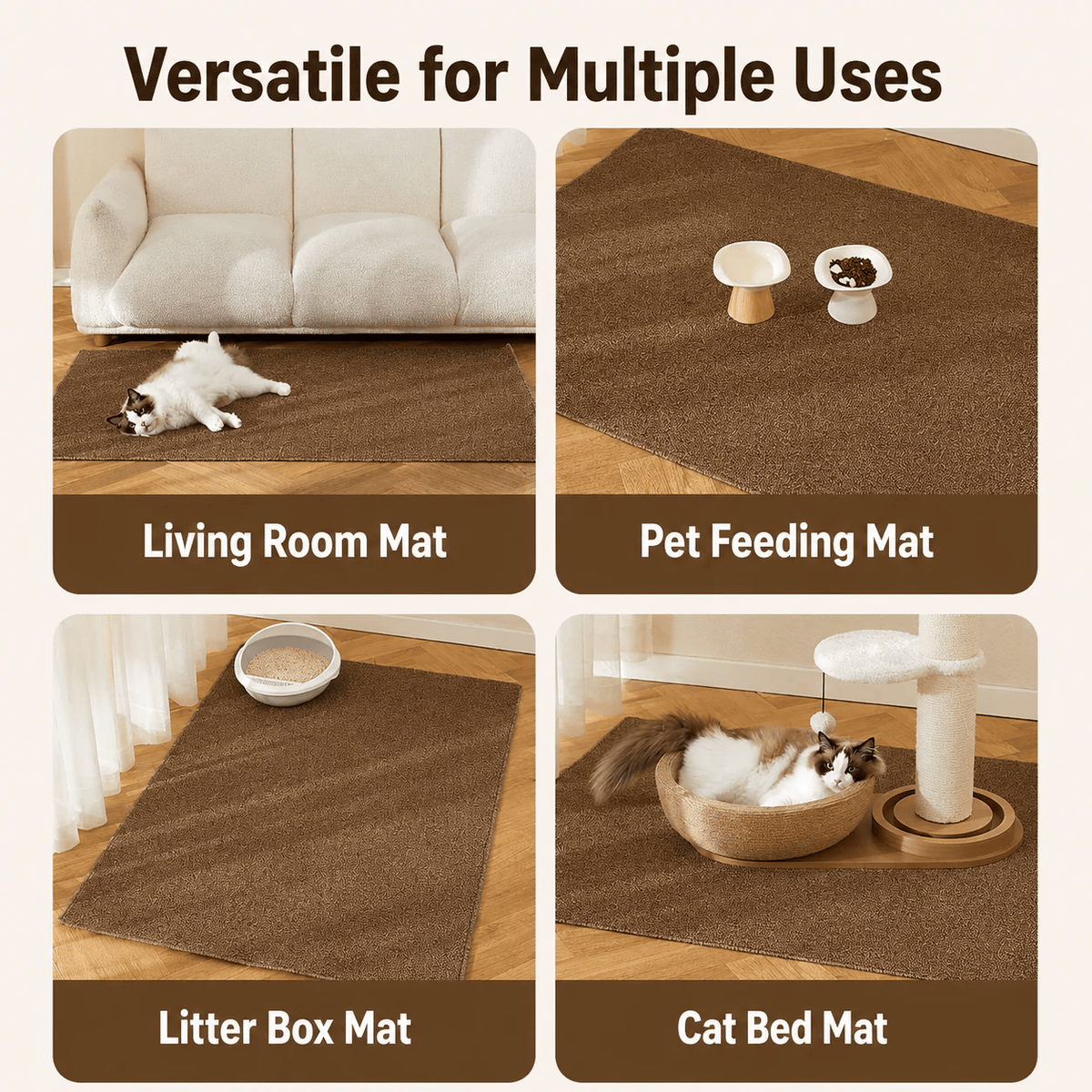 Four ways to use the Noblias cat scratching mat as a living room mat, pet feeding mat, litter box mat and cat bed mat.