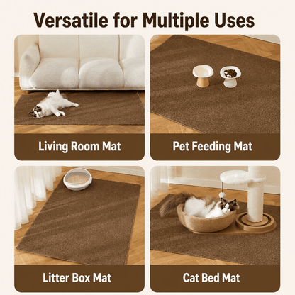 Four ways to use the Noblias cat scratching mat as a living room mat, pet feeding mat, litter box mat and cat bed mat.