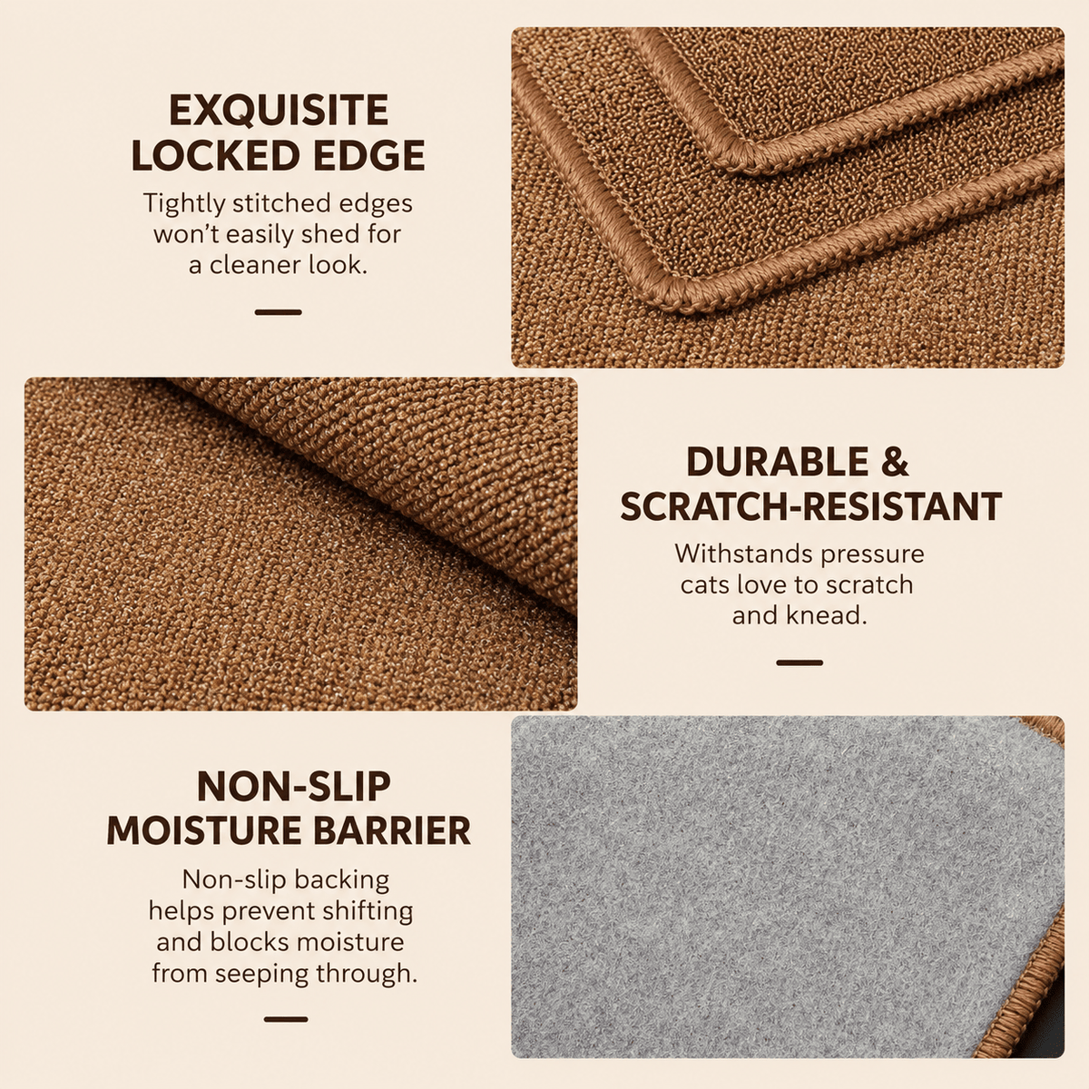 Detail of the Noblias cat scratching mat showing its tightly stitched locked edge, scratch resistant surface and non slip moisture barrier backing.