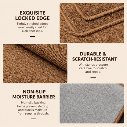 Detail of the Noblias cat scratching mat showing its tightly stitched locked edge, scratch resistant surface and non slip moisture barrier backing.