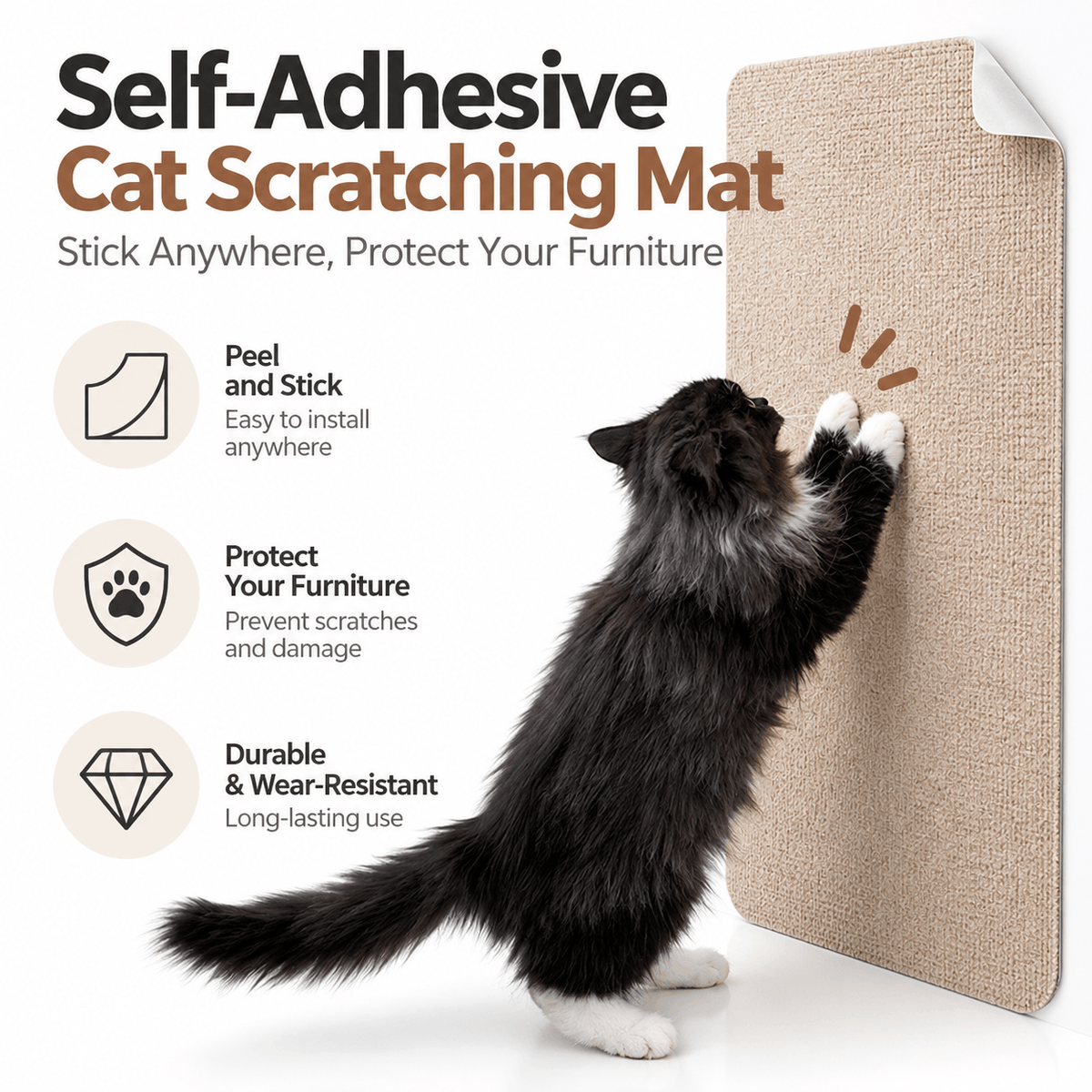Black cat scratching a khaki self adhesive cat scratching mat stuck to a wall, with peel and stick features listed.