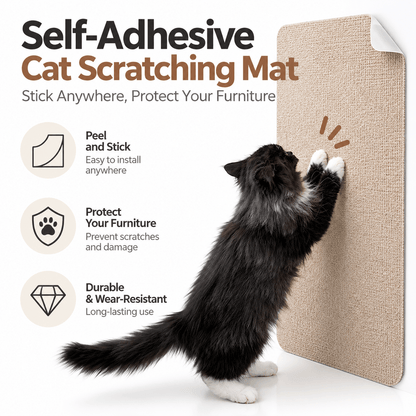 Black cat scratching a khaki self adhesive cat scratching mat stuck to a wall, with peel and stick features listed.