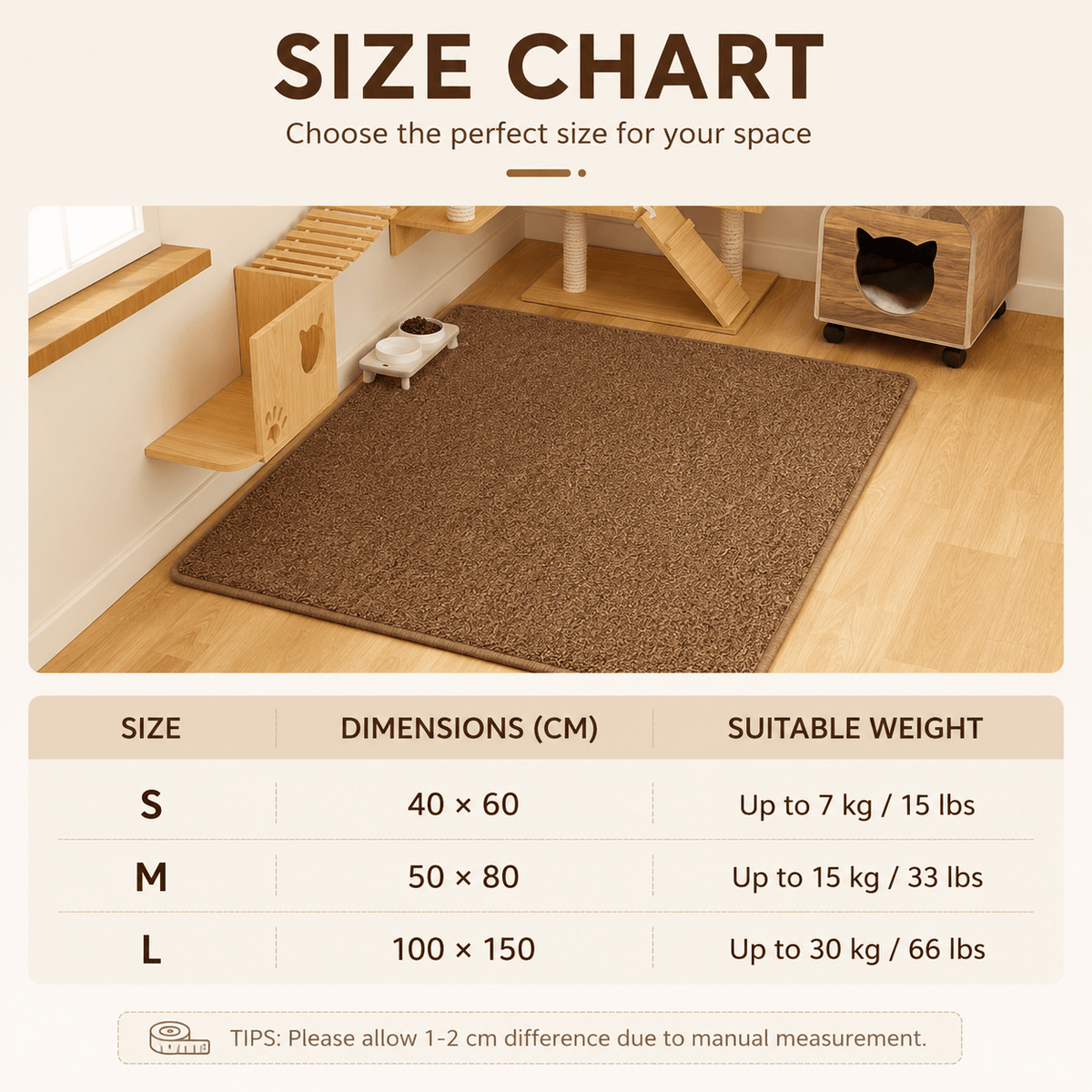 Size chart for the Noblias cat scratching mat listing small 40 by 60 cm, medium 50 by 80 cm and large 100 by 150 cm options with the cat weight each size suits.