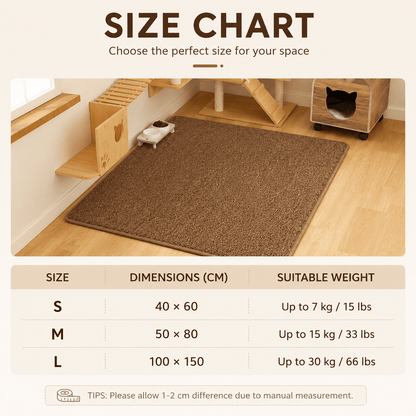 Size chart for the Noblias cat scratching mat listing small 40 by 60 cm, medium 50 by 80 cm and large 100 by 150 cm options with the cat weight each size suits.