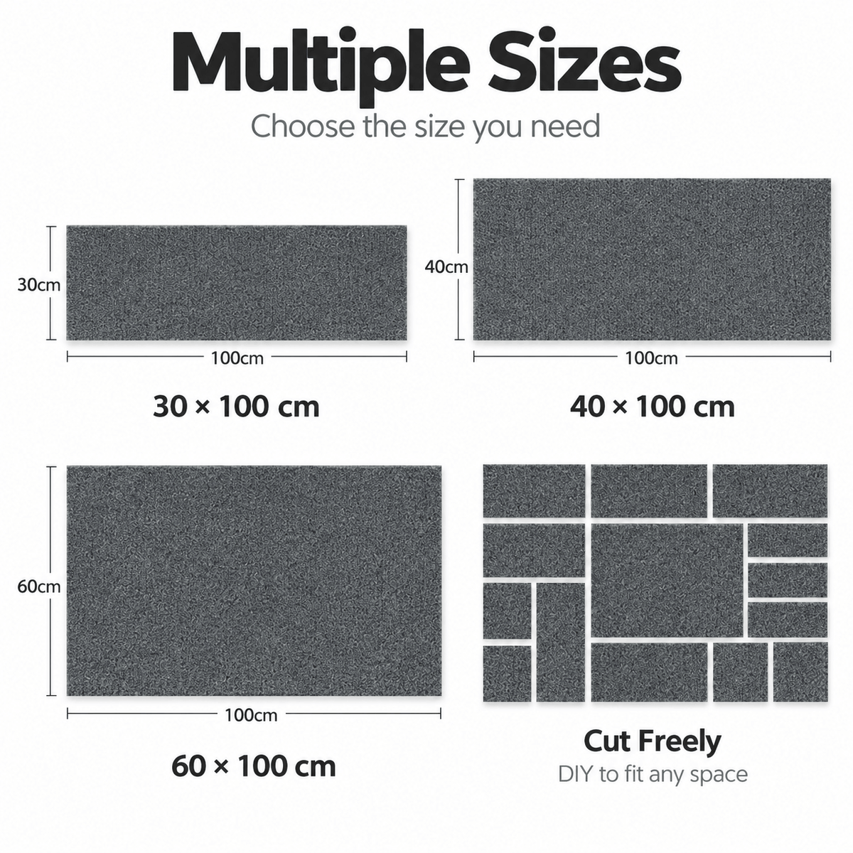 Cat scratching mat size options of 30 x 100 cm, 40 x 100 cm and 60 x 100 cm, plus cut-to-fit pieces.