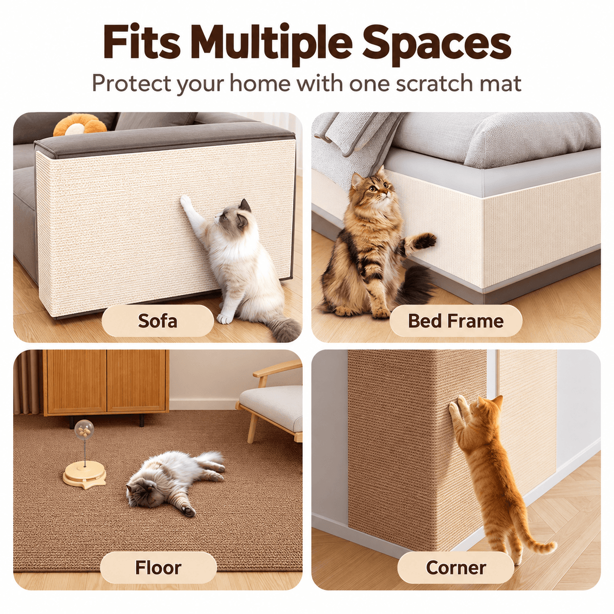 Cat scratching mat used on a sofa, bed frame, floor and wall corner, with a cat at each spot.