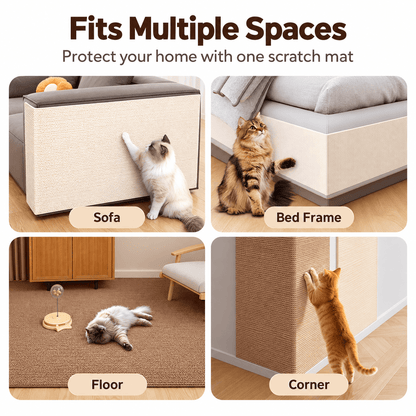 Cat scratching mat used on a sofa, bed frame, floor and wall corner, with a cat at each spot.