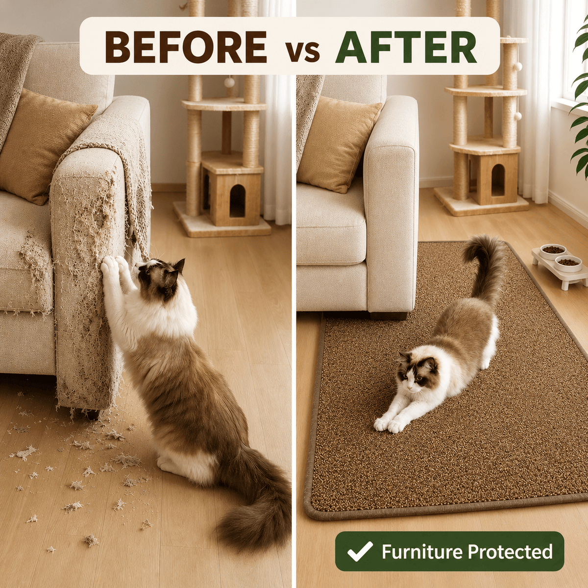 Before and after comparison showing a clawed sofa arm and the same sofa protected once the Noblias cat scratching mat is in place.