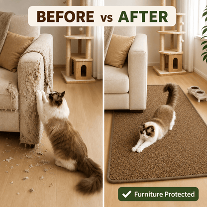 Before and after comparison showing a clawed sofa arm and the same sofa protected once the Noblias cat scratching mat is in place.