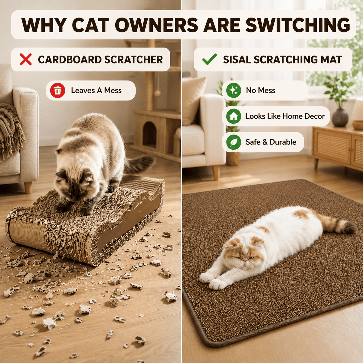 Comparison showing why cat owners switch from a messy cardboard scratcher to the Noblias sisal cat scratching mat.