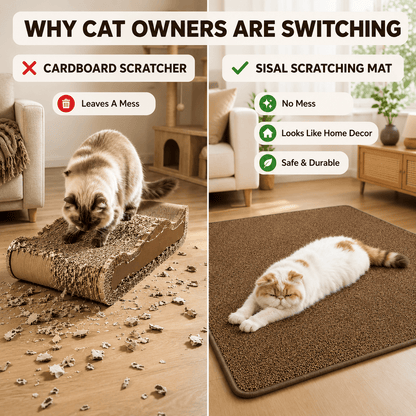 Comparison showing why cat owners switch from a messy cardboard scratcher to the Noblias sisal cat scratching mat.