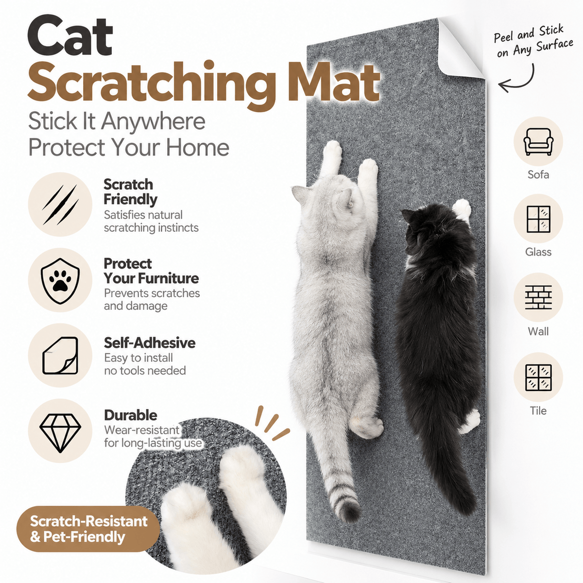 Two cats stretching up a dark gray cat scratching mat on a wall, with icons for sofa, glass, wall and tile use.