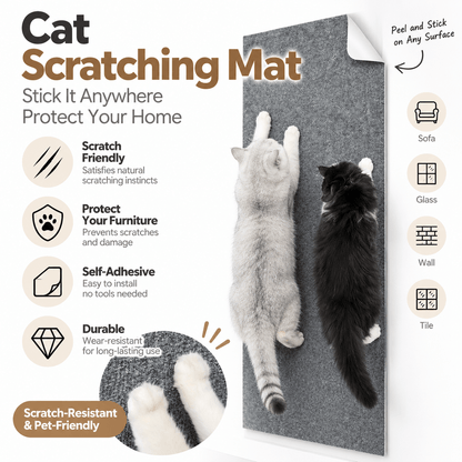 Two cats stretching up a dark gray cat scratching mat on a wall, with icons for sofa, glass, wall and tile use.