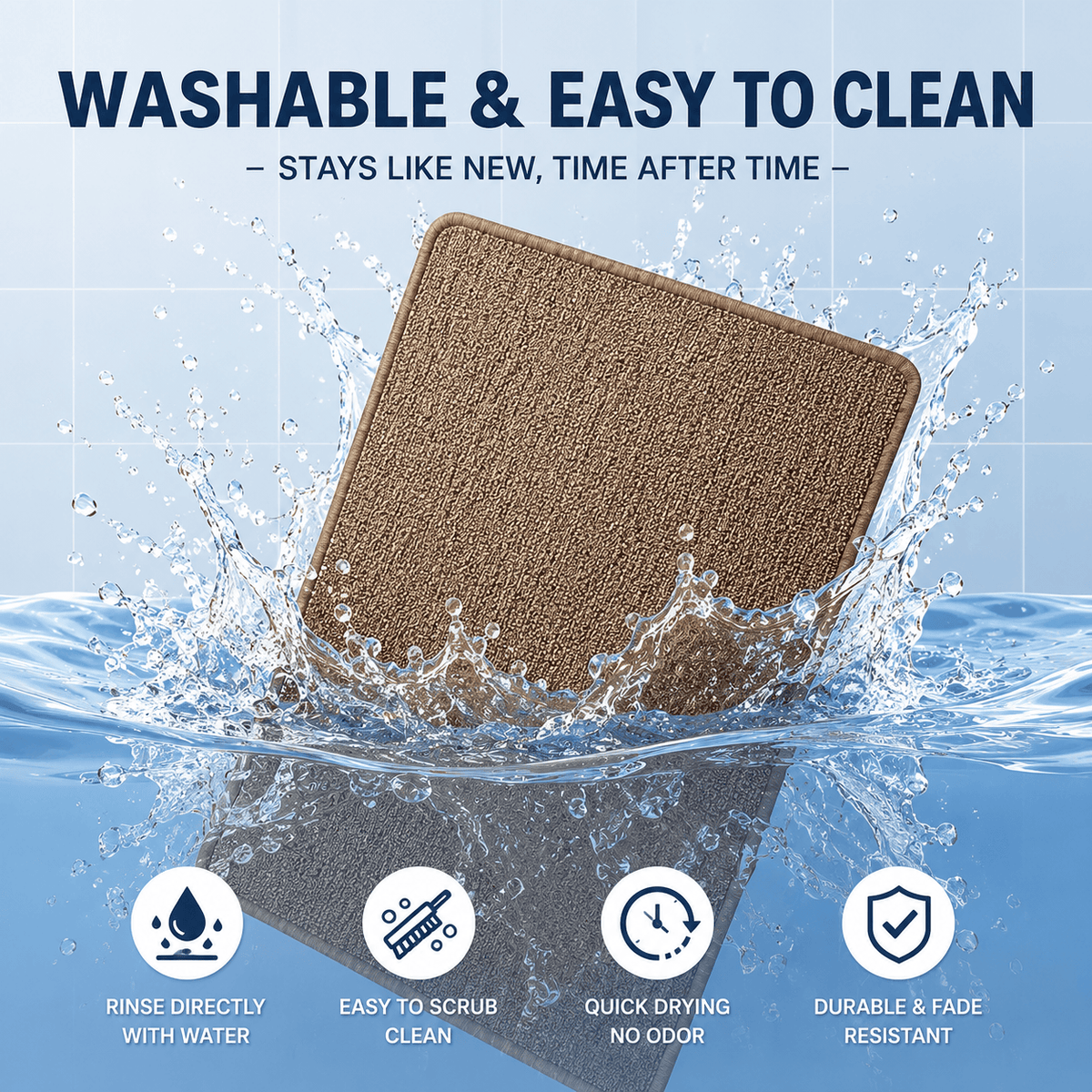 Water splashing over the Noblias sisal cat scratching mat, showing that it is washable and easy to keep clean.