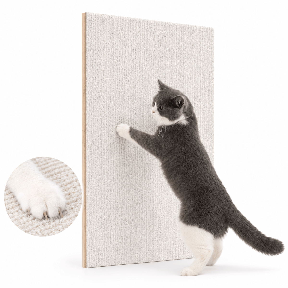 Gray and white cat scratching the white self adhesive cat scratching mat, with a paw close-up of the texture.