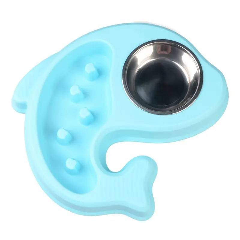 Blue fish shaped Noblias cat slow feeder bowl with raised spikes and a removable stainless steel dish
